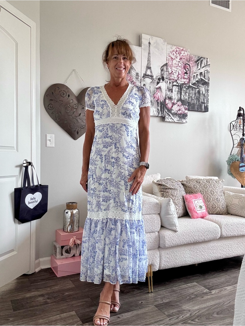 Taylor Blue and White Floral Lace-Trim Maxi Dress